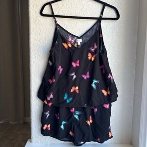 BeautySleep Social Butterfly Print Womens Medium Pajama Set‎ Black 2 Piece Rayon